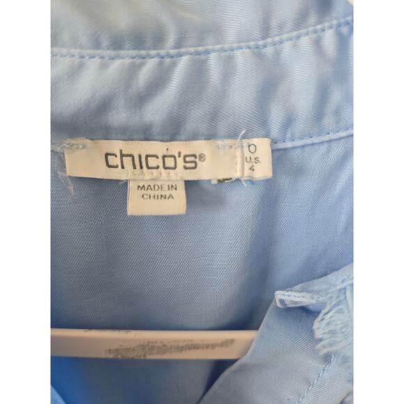 Chico’s Lyocell Chambray Button Front Shirt Blue Frayed Hem Size 4 Sustainable - Picture 3 of 9